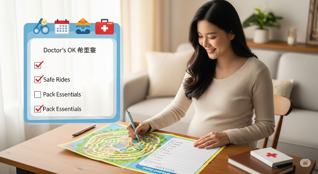 妊婦がディズニー旅行の計画を立てている様子