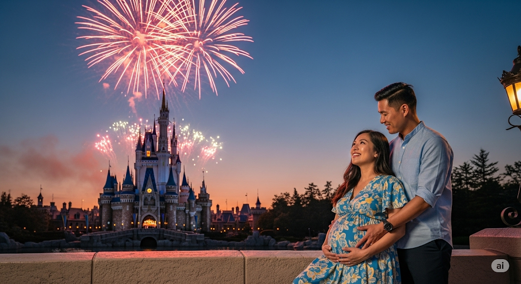 ディズニーランドを楽しむ妊婦の様子