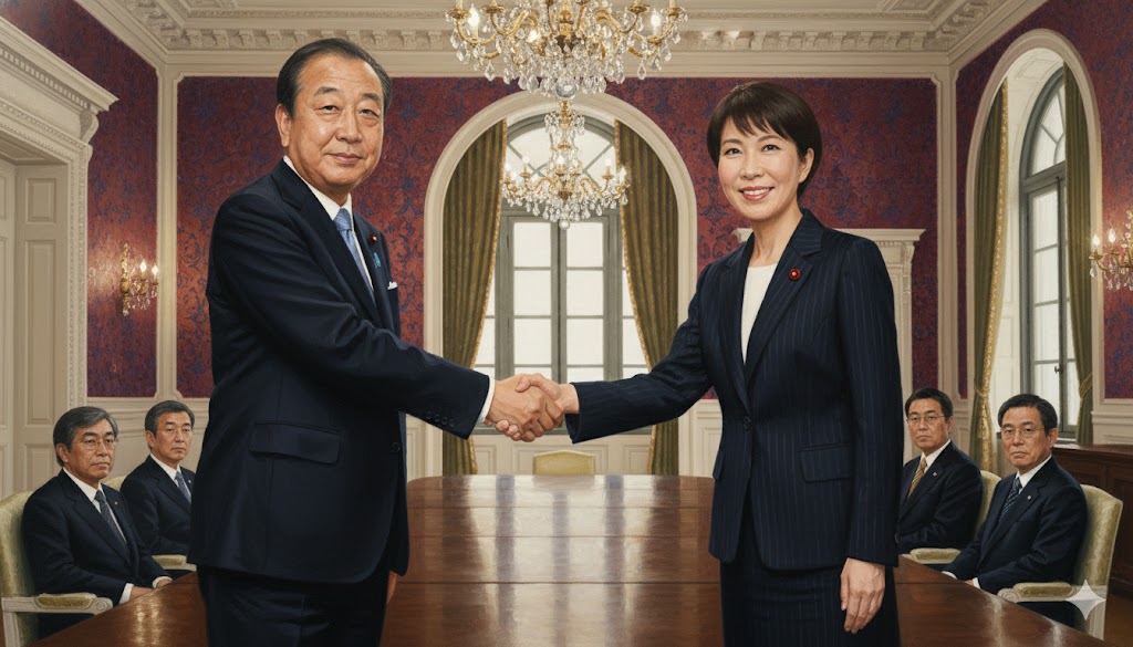 野田代表と握手する高市総理のイメージ画像